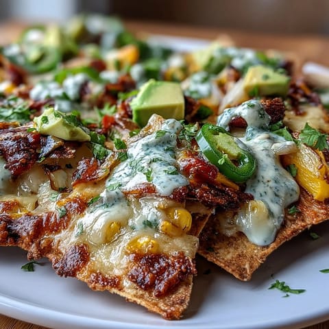Vibrant sheet pan nachos loaded with roasted vegetables, tangy salsa verde, and creamy cashew queso for a vegan Tex-Mex feast.