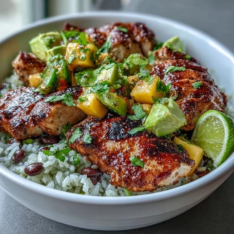 Mango Avocado Salsa Chicken Bowls with Brown Rice and Black Beans: Wholesome, nourishing meal featuring tender grilled chicken, sweet mango salsa, creamy avocado, and fiber-rich black beans served with brown rice.  