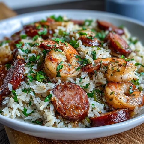 Cajun dirty rice with juicy shrimp and sausage in a cast iron skillet, garnished with green onions.  