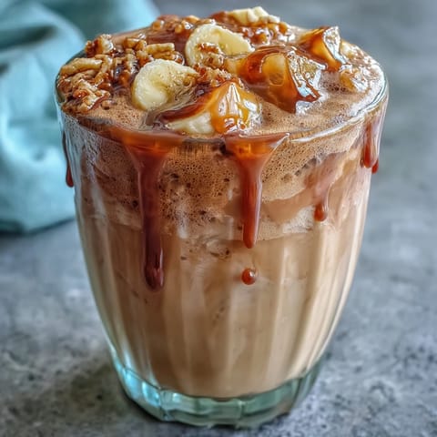 Creamy coffee protein shake blended with banana and almond milk, topped with cocoa powder for a rich, energizing breakfast boost.