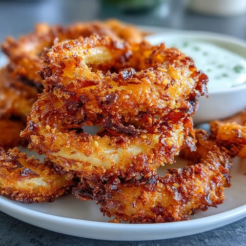 Air-fried onion rings with panko coating served alongside rich, homemade garlic aioli for dipping.  