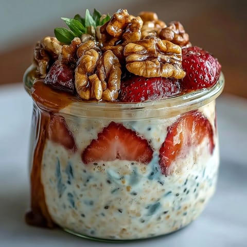 Overnight oats with strawberries and candied walnuts in a glass jar, layered with creamy oats, fresh berries, and crunchy maple-glazed nuts.