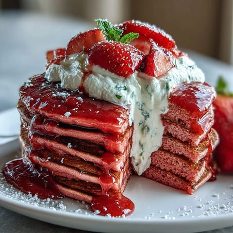 Stack of naturally pink pancakes served with luscious strawberry compote, perfect for celebrating friendship and love.