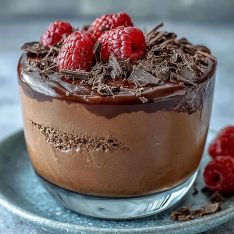 Velvety high-protein chocolate mousse cups made with cottage cheese and Greek yogurt, garnished with roasted nuts and dark chocolate curls.  