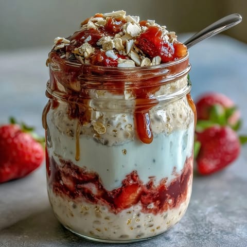Layered mason jar breakfast featuring strawberry cheesecake overnight oats, topped with crushed graham crackers and juicy diced strawberries.
