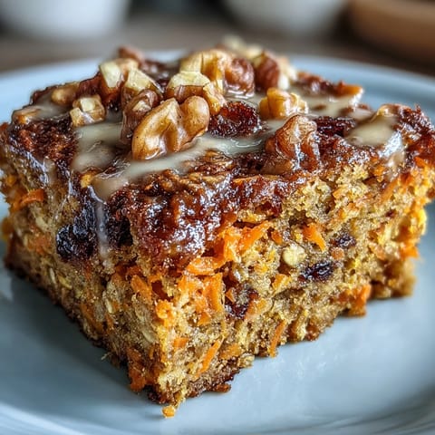 Moist and flavorful carrot cake-inspired baked oatmeal squares, packed with oats, cinnamon, and sweet maple syrup, ideal for meal prep.
