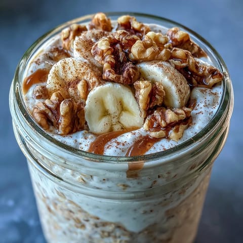 Banana bread overnight oats with walnuts in a glass jar, topped with banana slices and a sprinkle of cinnamon, ready for a cozy breakfast.  