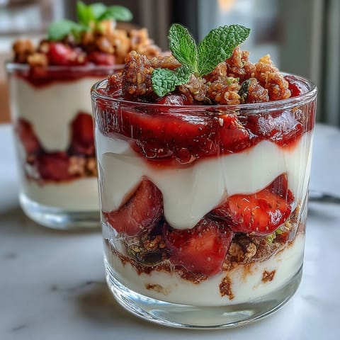 Vibrant Pistachio and Strawberry Breakfast Parfait with layers of creamy Greek yogurt, fresh berries, and crunchy pistachios in a clear glass jar.