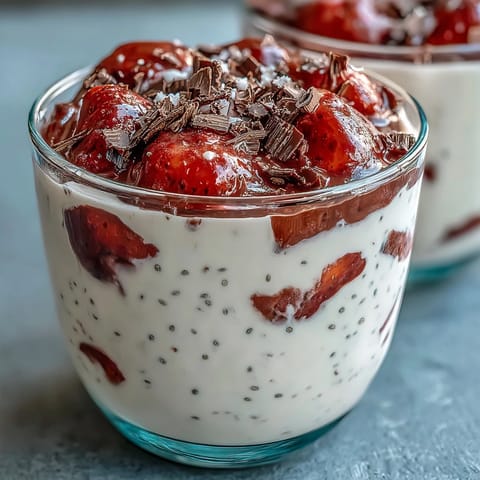 Creamy Greek yogurt chia pudding layered with sweet strawberries and finished with rich dark chocolate shavings.