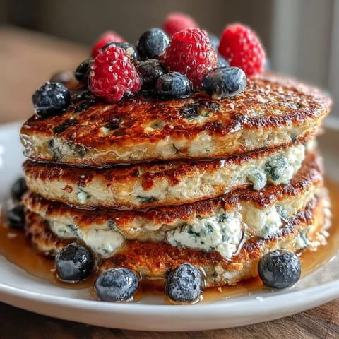 Golden-brown cottage cheese pancakes with juicy mixed berries, offering a delicious and wholesome start to your day.