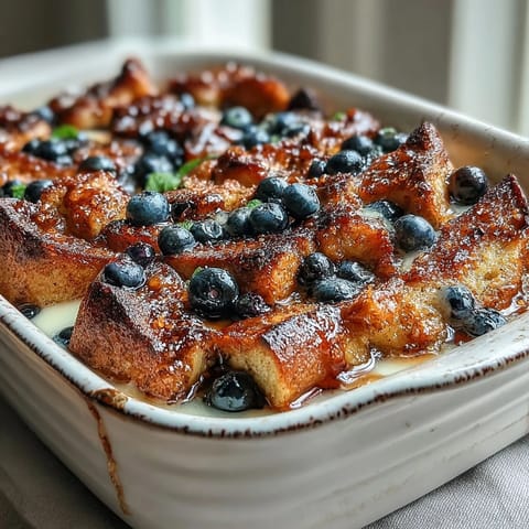 Fluffy Blueberry Sourdough French Toast Bake served warm, topped with a buttery cinnamon streusel and vibrant fresh blueberries for a sweet, tangy brunch centerpiece.