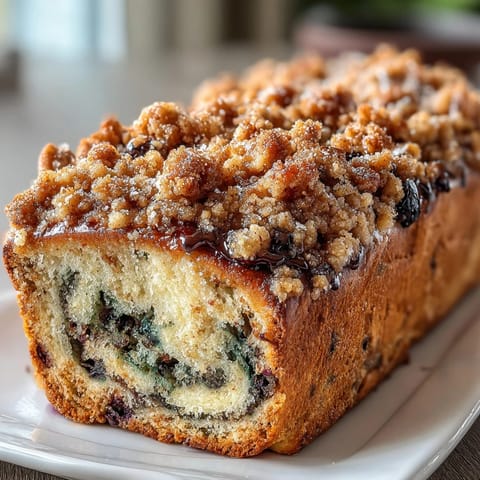 A golden sourdough loaf swirled with fresh blueberries and lemon zest, topped with a buttery crumble for a perfect breakfast treat.