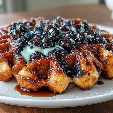 Golden sourdough waffles with juicy blueberries and lemon zest, topped with creamy maple yogurt and a drizzle of syrup.  
