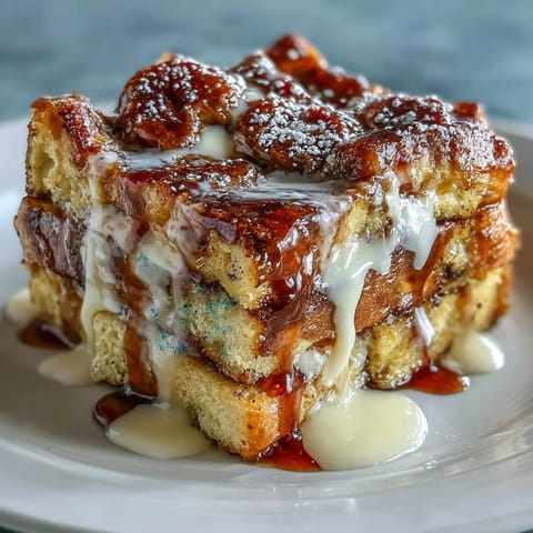 A golden King Cake Overnight French Toast Bake with swirls of cinnamon and creamy custard, topped with festive purple, green, and gold sprinkles for Mardi Gras brunch.