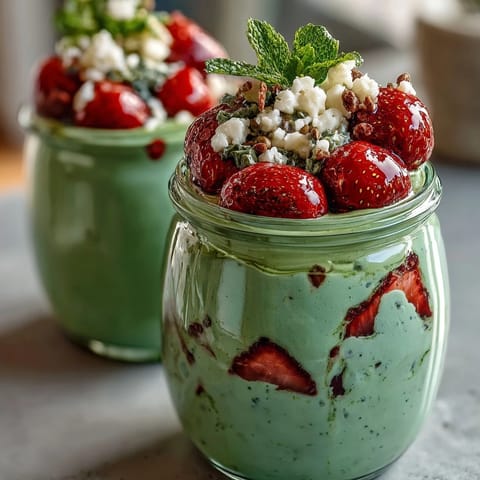 A vibrant layered jar of strawberry matcha overnight chia oats, topped with fresh berries and coconut flakes for a nourishing breakfast.