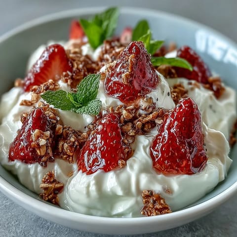 Fluffy yogurt breakfast bowl with strawberries and granola crunch, topped with fresh mint and chia seeds for a healthy start.