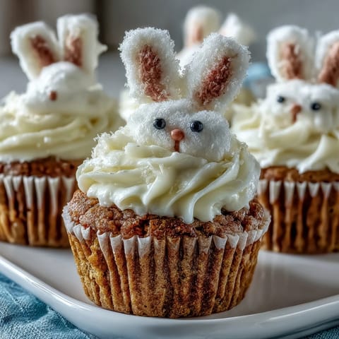 Easter Bunny Carrot Cake Cupcakes with cream cheese frosting and marshmallow bunny ears, decorated with candy eyes and pink noses for a festive spring dessert.