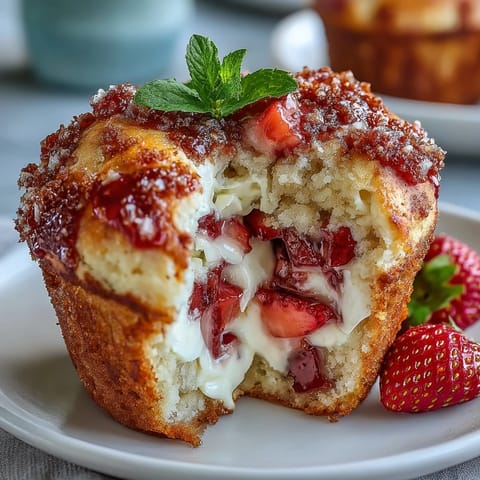 Strawberry cream cheese muffins with fresh berries and creamy filling, baked golden and ready to serve warm for brunch.