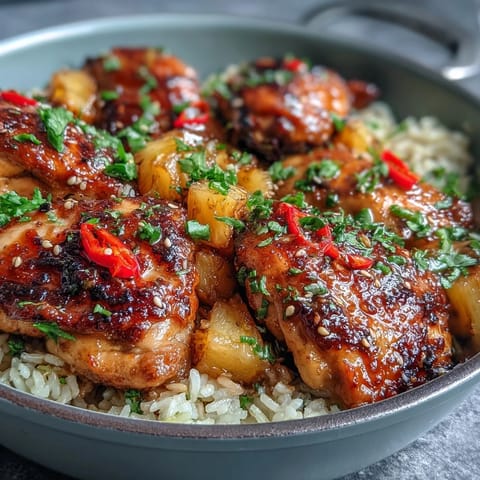 Vibrant Pineapple Chicken and Rice Skillet with Bell Peppers, featuring tender chicken, juicy pineapple, and colorful peppers in a savory-sweet sauce.