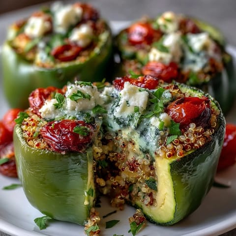 Vibrant stuffed bell peppers with quinoa, herbs, and vegetables, baked to golden perfection for a healthy vegetarian meal.