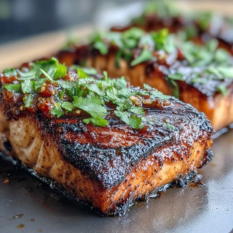 Grilled salmon fillets topped with bright, zesty strawberry salsa and fresh cilantro for a summery dinner.
