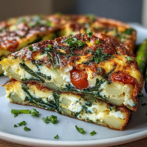 Spring Veggie Frittata with Asparagus and Goat Cheese, a vibrant, fluffy baked egg dish with tender asparagus, fresh spinach, and creamy goat cheese, perfect for brunch or a light dinner.