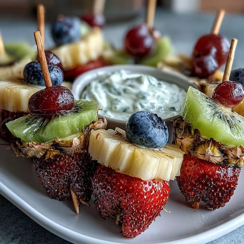 Vibrant bento box with colorful fruit skewers, creamy yogurt dip, and mini sandwiches for a fun kid's lunch.