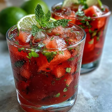 Refreshing watermelon mint vodka spritz mocktail in a tall glass, garnished with lime and mint sprigs, perfect for summer gatherings.