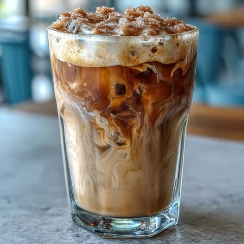 Starbucks Iced Brown Sugar Oat Milk Shaken Espresso with creamy oat milk and a hint of cinnamon, served over ice in a tall glass.