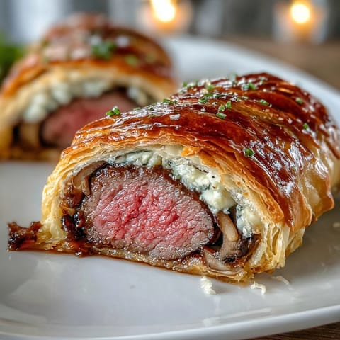 Elegant individual beef Wellingtons with golden puff pastry, tender filet mignon, and rich mushroom duxelles filling.