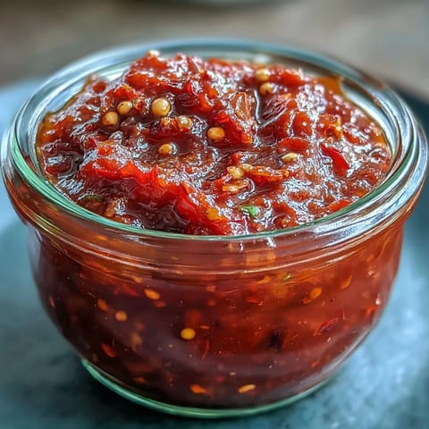Homemade fermented hot sauce with vibrant red chilies and garlic in a glass jar, ready for blending into a tangy, spicy condiment.