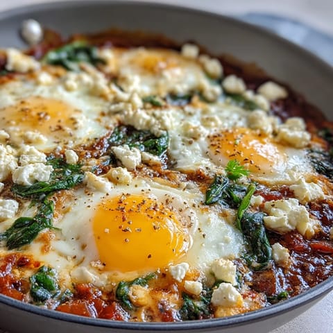 Spinach and feta shakshuka with poached eggs in spiced tomato sauce, topped with creamy feta and fresh herbs.