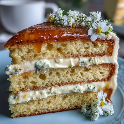 Elegant Mother's Day lemon cake, adorned with vibrant edible flowers, ready to serve.