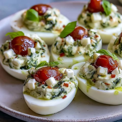 Caprese Deviled Eggs bursting with fresh basil oil and bright tomato topping.
