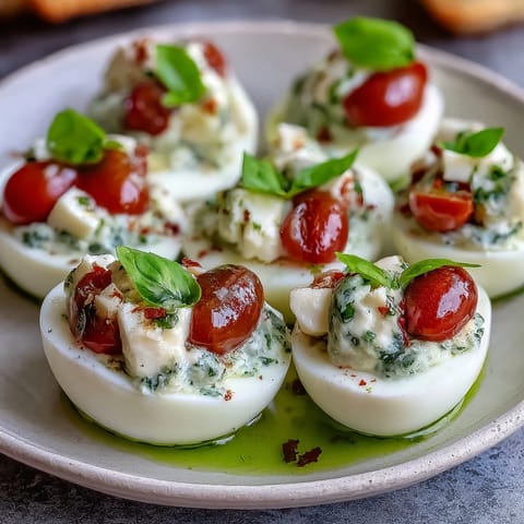 Close-up of Caprese Deviled Eggs, a colorful Italian appetizer perfect for parties.