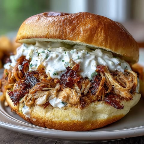 Smoked pulled chicken sandwiches topped with creamy Alabama white BBQ sauce.