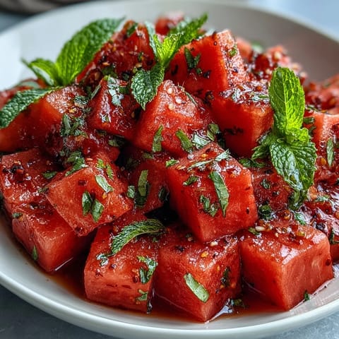 Vibrant watermelon chili lime salad with mint, a perfect summer appetizer.