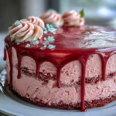 Delicate pink Rosé Velvet Cake with shimmering edible gold drip.