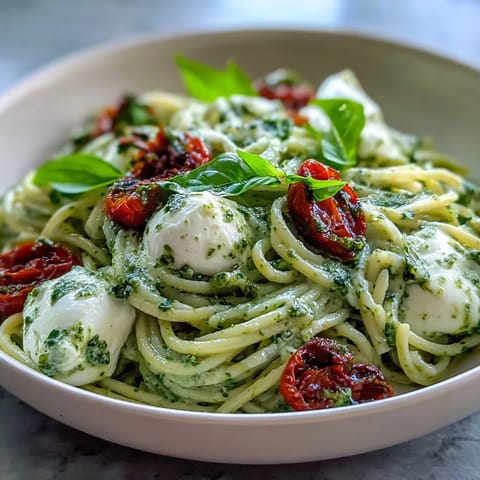 Creamy pesto pasta with burrata, topped with fresh basil and cherry tomatoes.