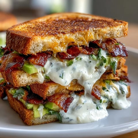 Bacon Avocado Ranch Grilled Cheese oozing with melted cheese and creamy avocado.