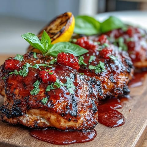 Juicy grilled Strawberry Balsamic BBQ Chicken shimmering with sticky caramel-glazed goodness.