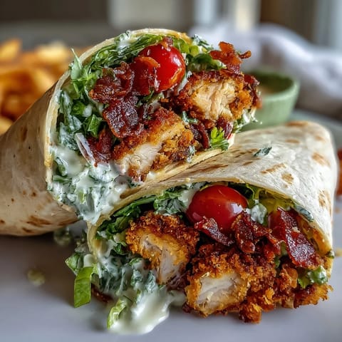 Juicy corn-crusted chicken nestled in fresh Caesar salad within a soft tortilla.