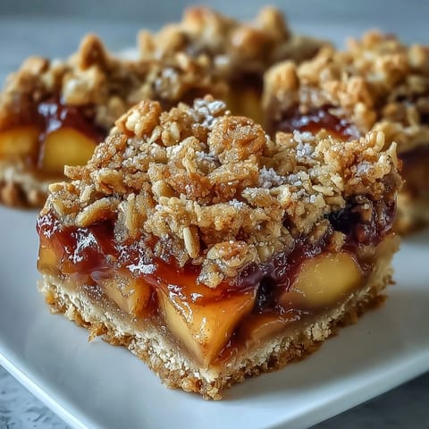 Golden baked Early Fall Apple Peach Crumble Bars with bubbly fruit filling.