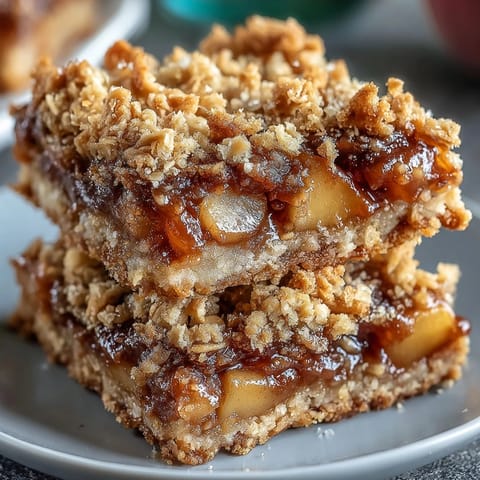 Close-up of a slice of Early Fall Apple Peach Crumble Bars, showcasing flaky crumble topping.