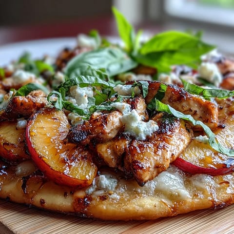 Grilled chicken flatbread with peaches, goat cheese, and a spicy hot honey drizzle.