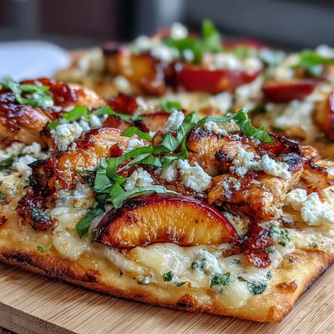 Perfectly baked hot honey peach chicken flatbread, melty cheese, and fresh basil.