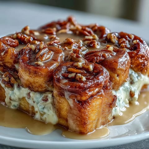 Golden maple pecan cinnamon roll bread pudding baked with gooey swirls.