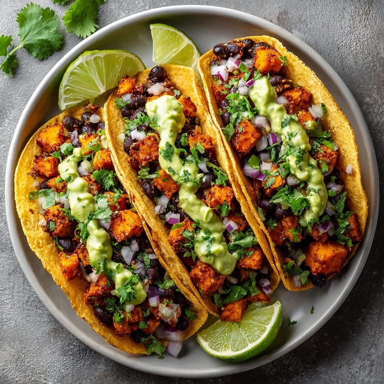 Closeup of chipotle-lime sweet potato & black bean tacos loaded with Southwest flavors, ready for dinner.