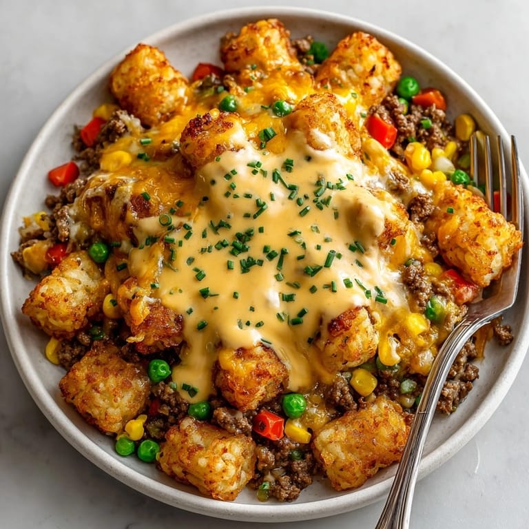 Hearty Cheesy Tater Tot Hotdish ready for the dinner table, packed with veggies and savory beef.