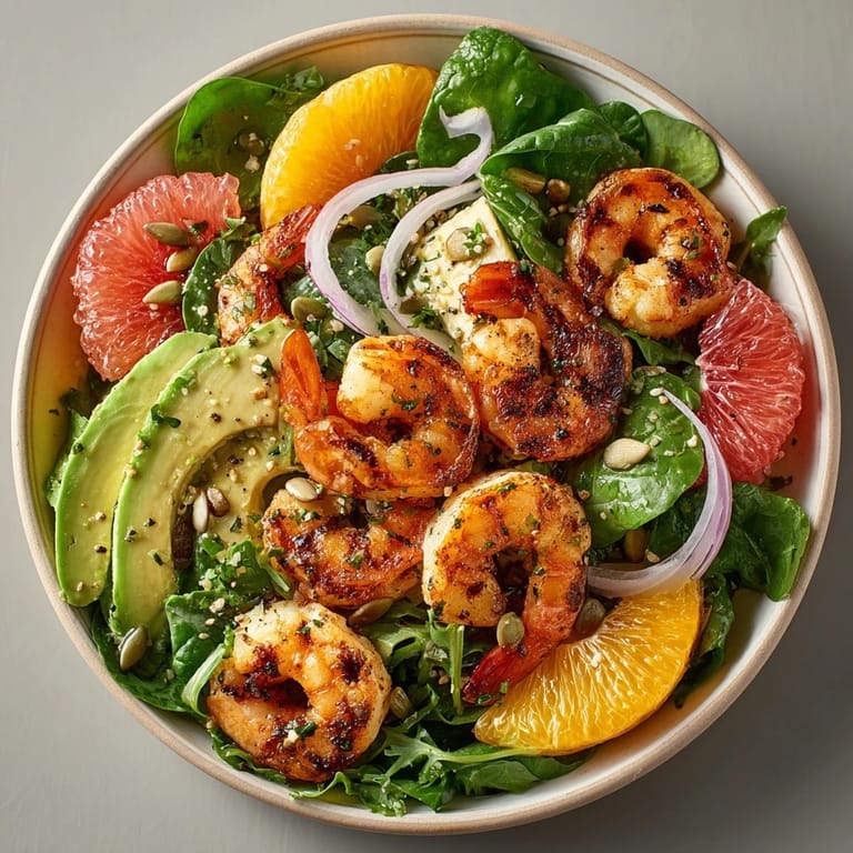 Vibrant California Avocado Citrus Salad with Grilled Shrimp, fresh fruit and creamy avocado slices